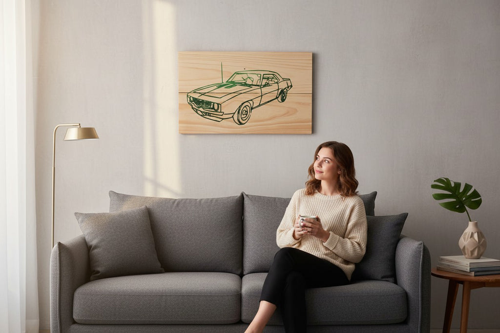 TK Wood Designs Camero green vintage car wood sign. Rustic, reclaimed wood with hand-drawn graphic.