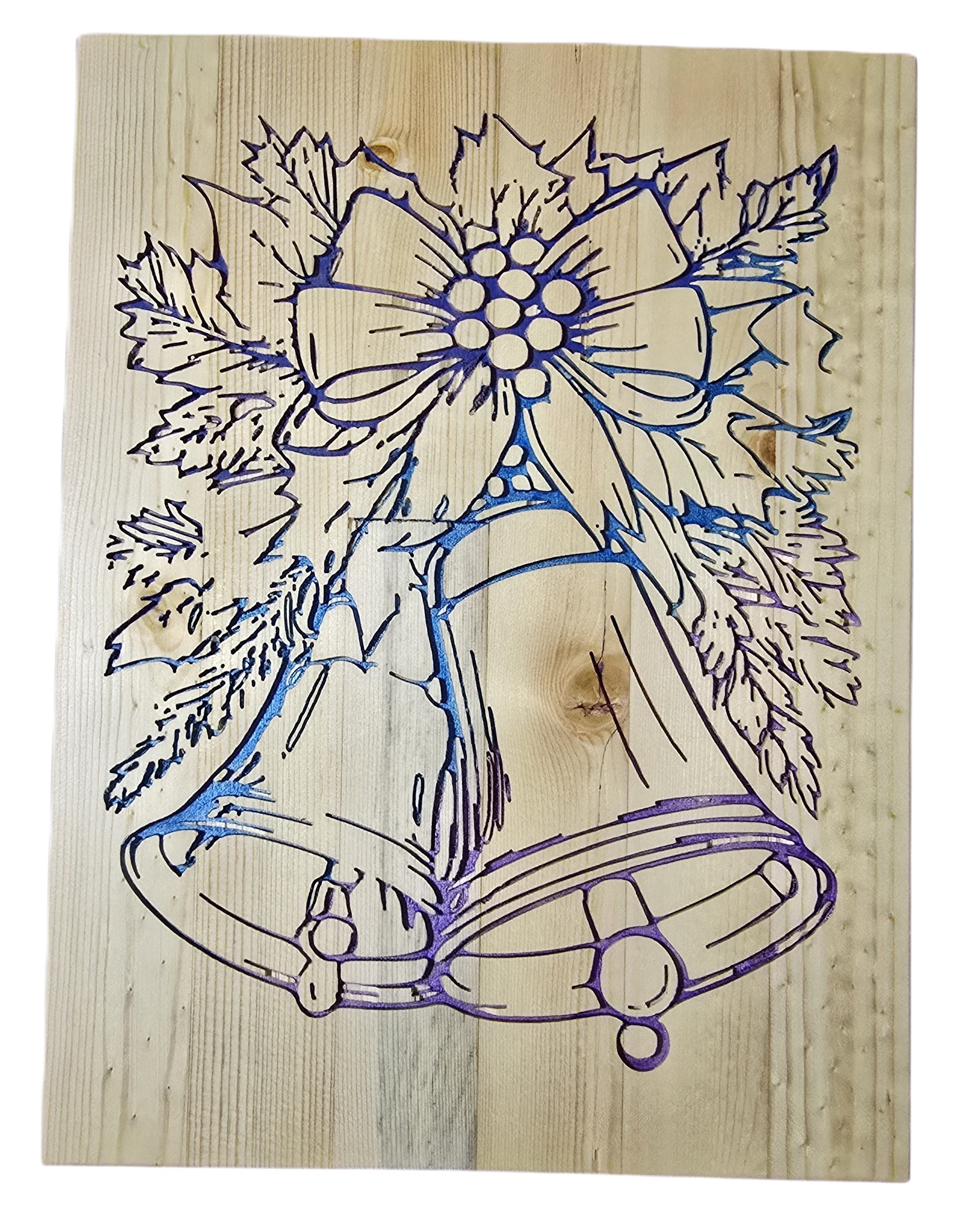 TK Wood Designs rustic Christmas bell sign with bow and holly on reclaimed wood.