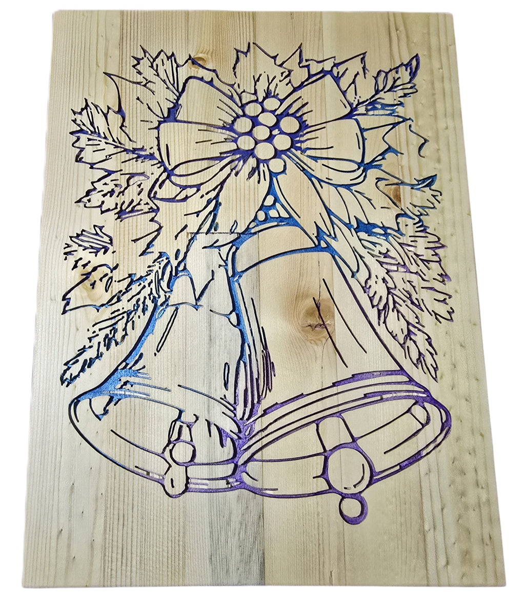TK Wood Designs rustic Christmas bell sign carved into reclaimed wood with blue and purple accents. Features two bells, a bow, and holly leaves.