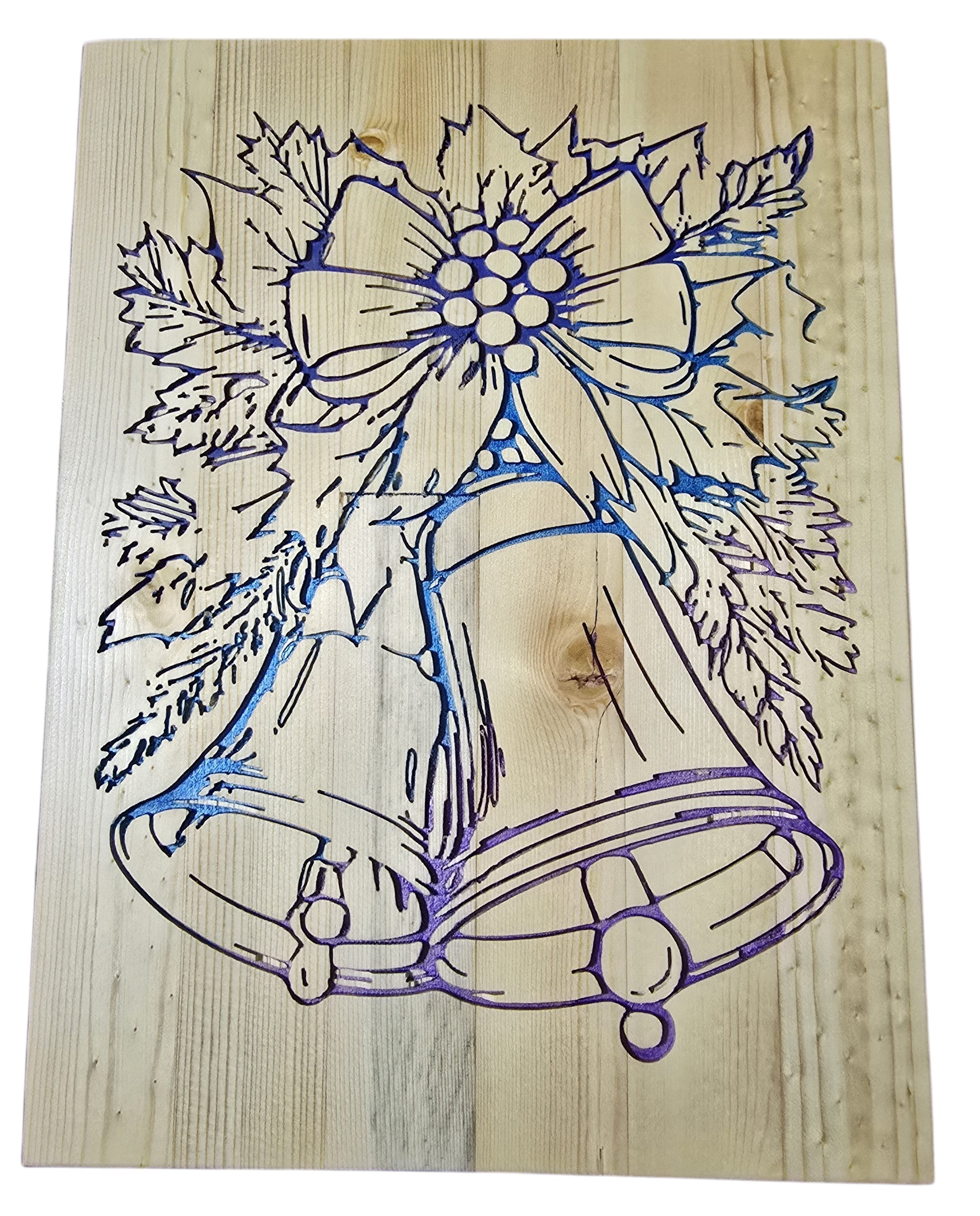 TK Wood Designs rustic Christmas bell sign carved from reclaimed wood with blue and purple accents. Features two bells tied with a bow and holly leaves.