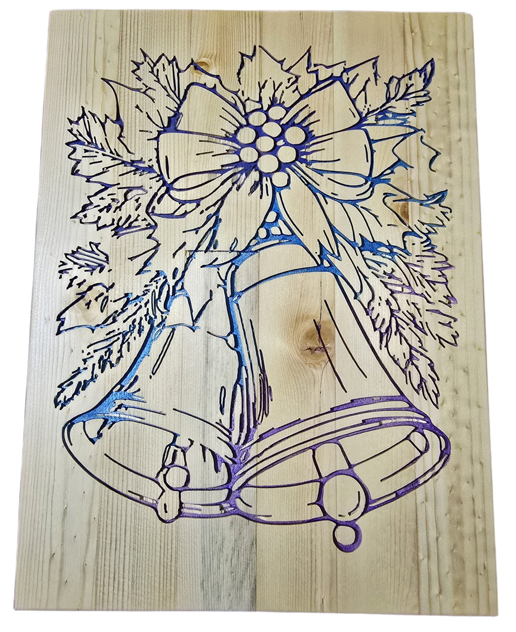 TK Wood Designs rustic Christmas bell sign carved into reclaimed wood with blue and purple accents.