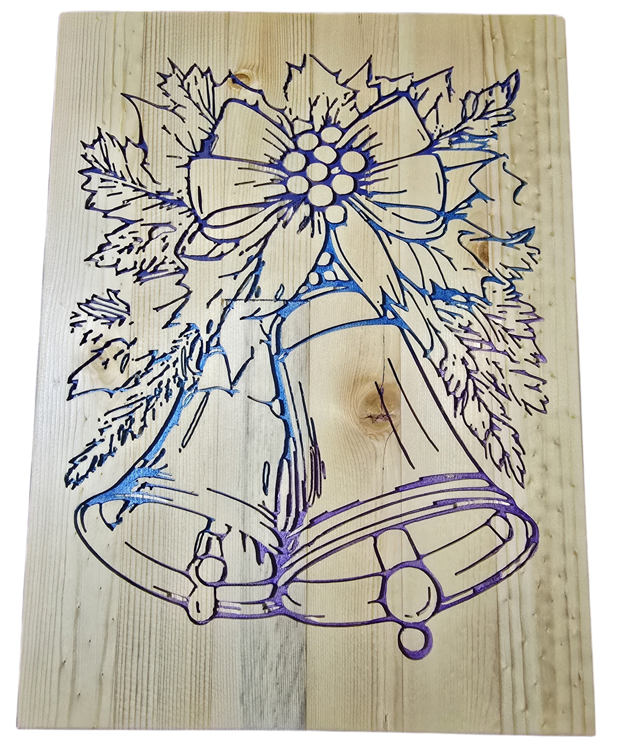 TK Wood Designs rustic Christmas bell sign carved into reclaimed wood with blue and purple accents.
