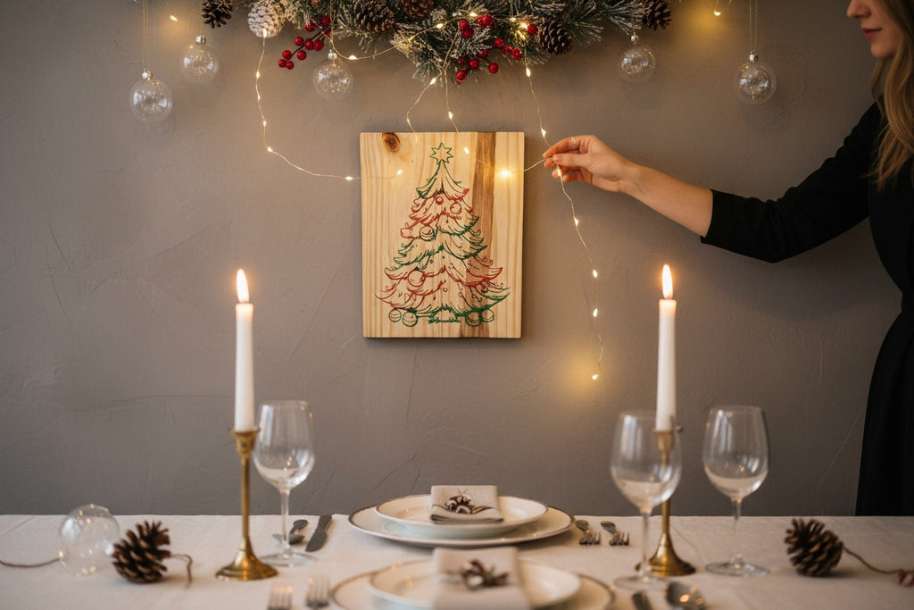 TK Wood Designs rustic salvaged wood Christmas tree sign with red and green painted details and ornaments.