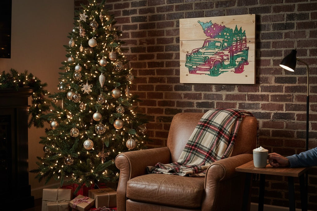 TK Wood Designs handmade rustic wood sign featuring a red and green Christmas truck carrying a pine tree.