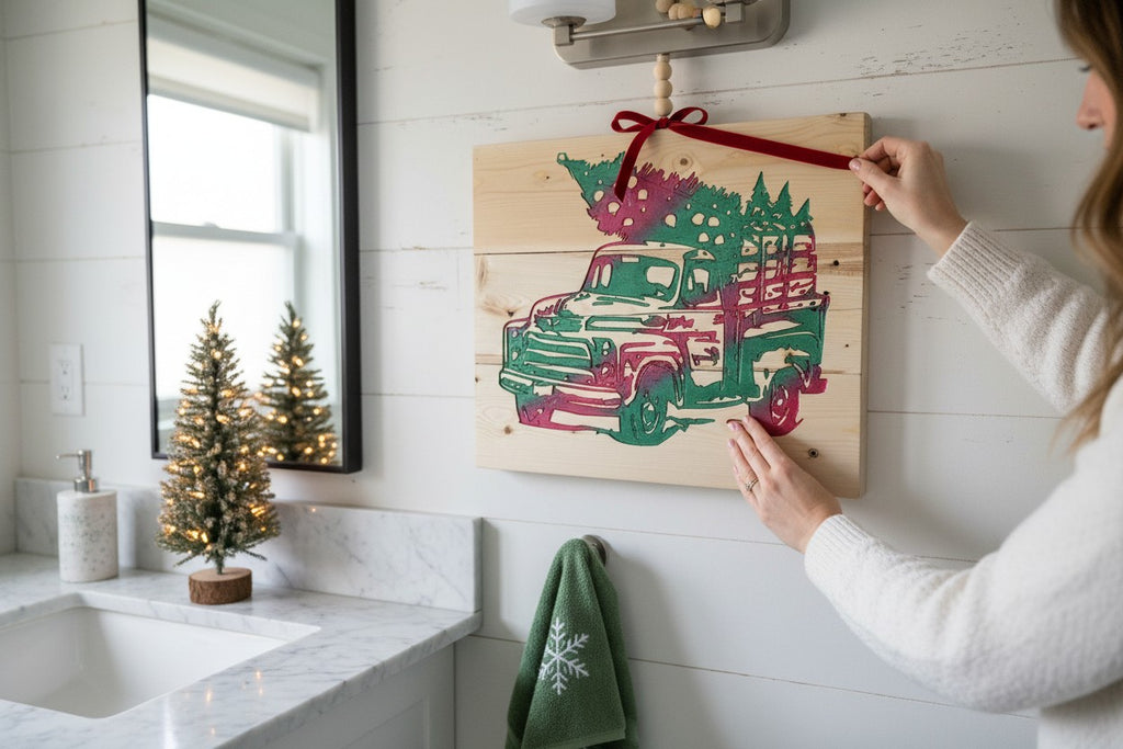 TK Wood Designs handmade wooden Christmas sign featuring a red and green vintage truck hauling a Christmas tree.