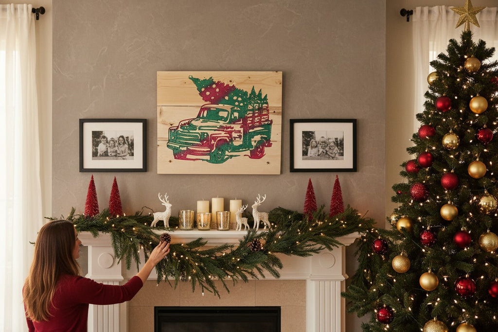 TK Wood Designs rustic wooden sign featuring a carved red and green Christmas truck hauling a pine tree. Festive holiday decor.