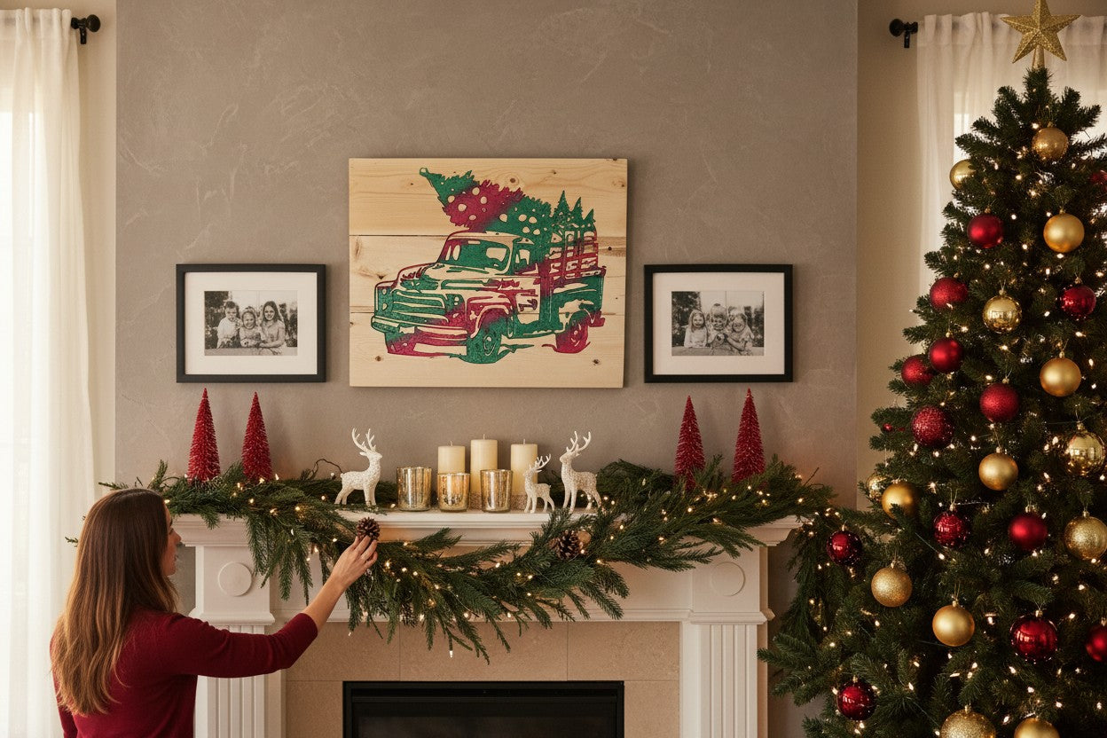 TK Wood Designs rustic wooden sign featuring a carved red and green Christmas truck hauling a pine tree. Festive holiday decor.