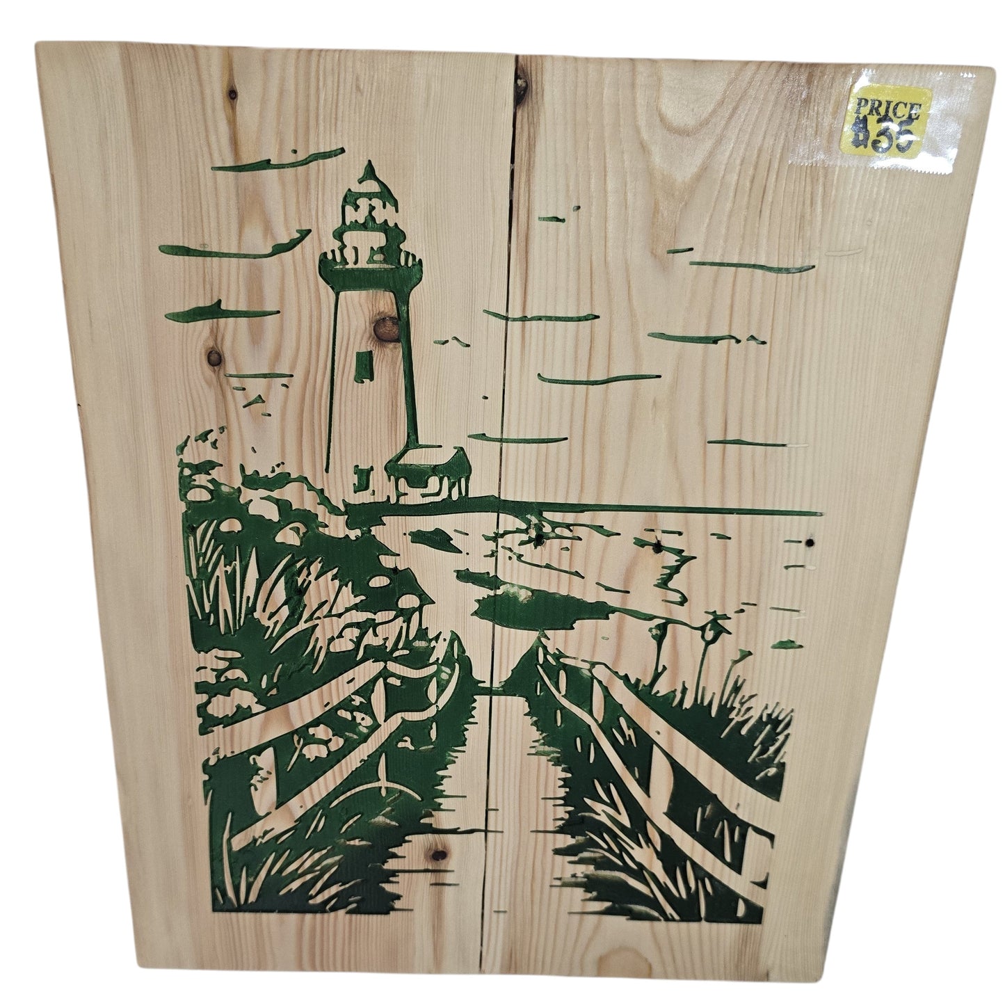 TK Wood Designs natural wood wall art featuring a green lighthouse scene with a pathway to the sea.