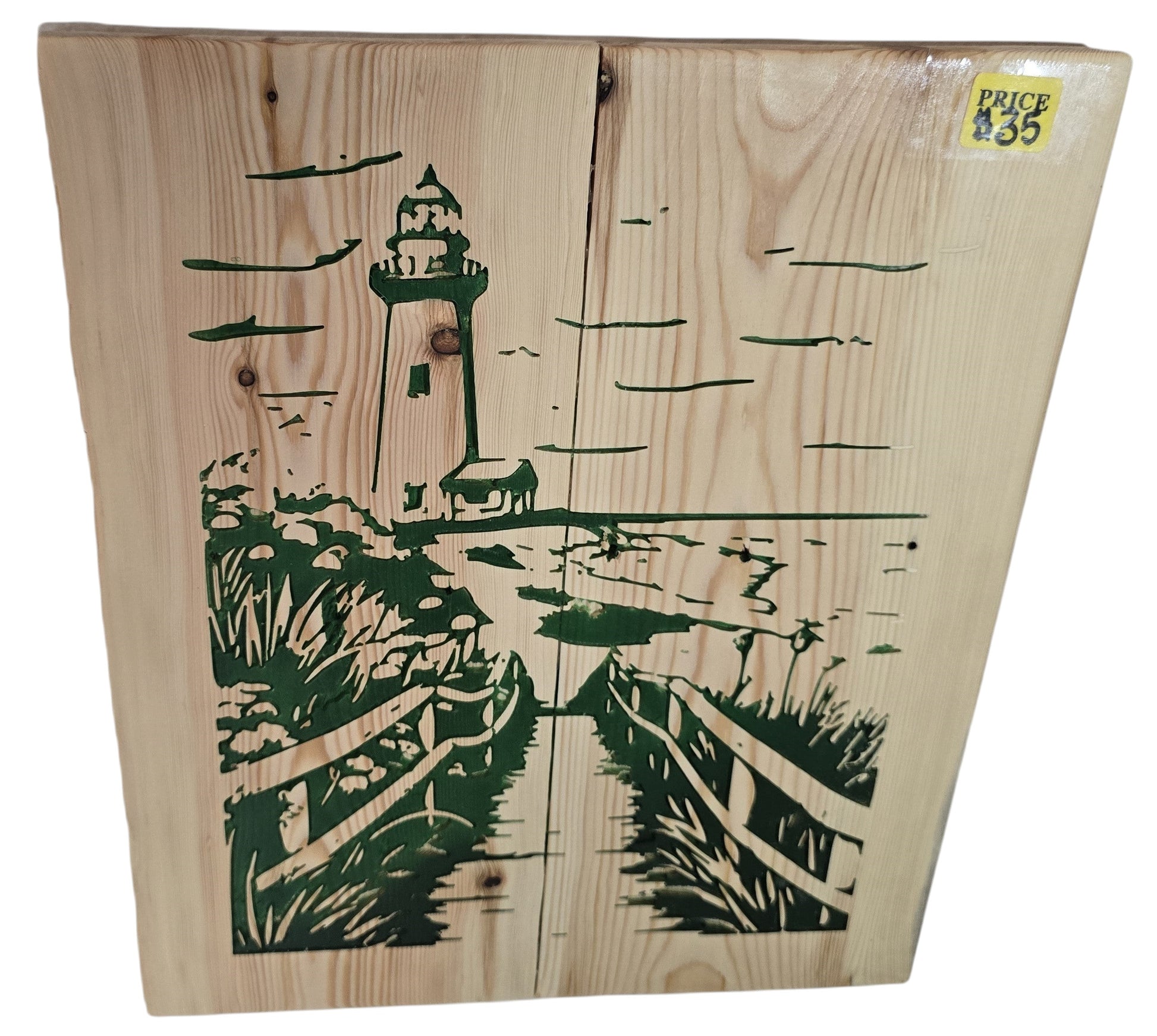 TK Wood Designs natural wood wall art featuring a green lighthouse scene with a pathway to the sea.