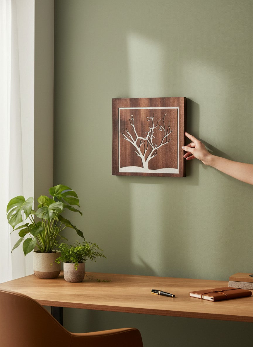 TK Wood Designs Couple Tree on Cherry Wood sign, featuring an intertwined tree design on rich cherry wood. 10" H x 9.5" W.