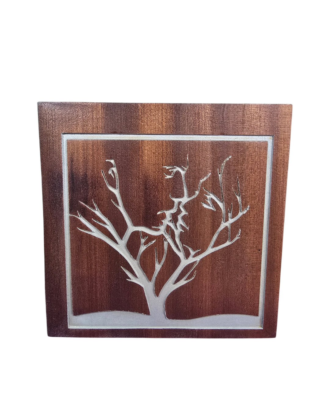 TK Wood Designs Couple Tree on Cherry Wood sign, featuring an intertwined tree design on rich cherry wood with a white border. 10" H x 9.5" W.