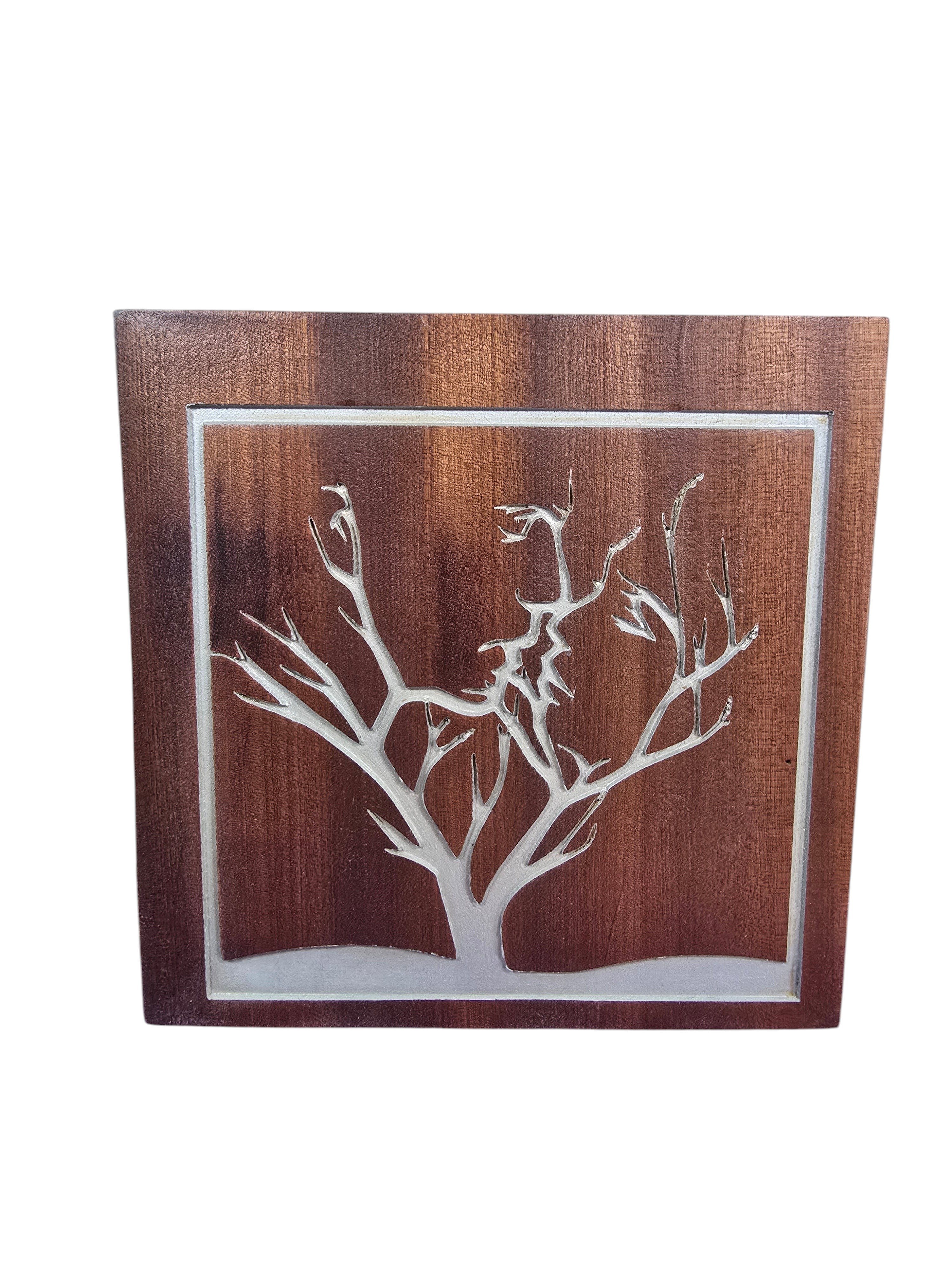 TK Wood Designs Couple Tree on Cherry Wood sign, featuring an intertwined tree design on rich cherry wood with a white border. 10" H x 9.5" W.