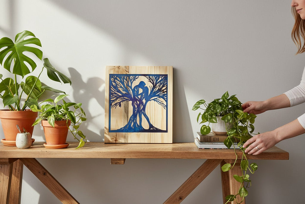 TK Wood Designs couples tree art sign, featuring a silhouette of two people embracing within a tree, on salvaged wood with blue and purple gradient.