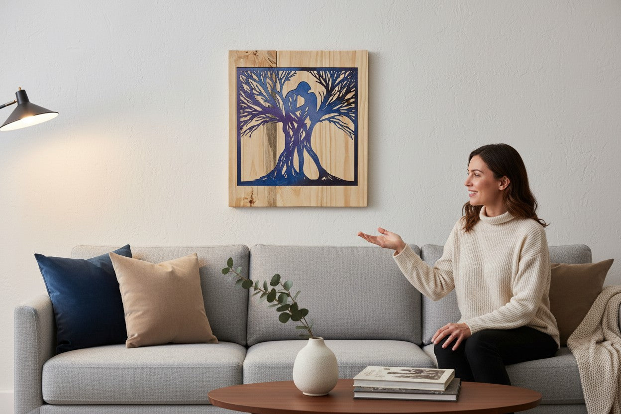 TK Wood Designs couples tree art, featuring a silhouette of two people embracing within a tree design, set against a natural wood background with blue and purple gradient.
