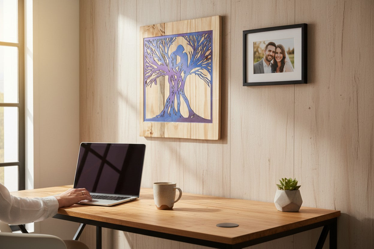TK Wood Designs couples tree silhouette art on salvaged wood. Blue and purple gradient.