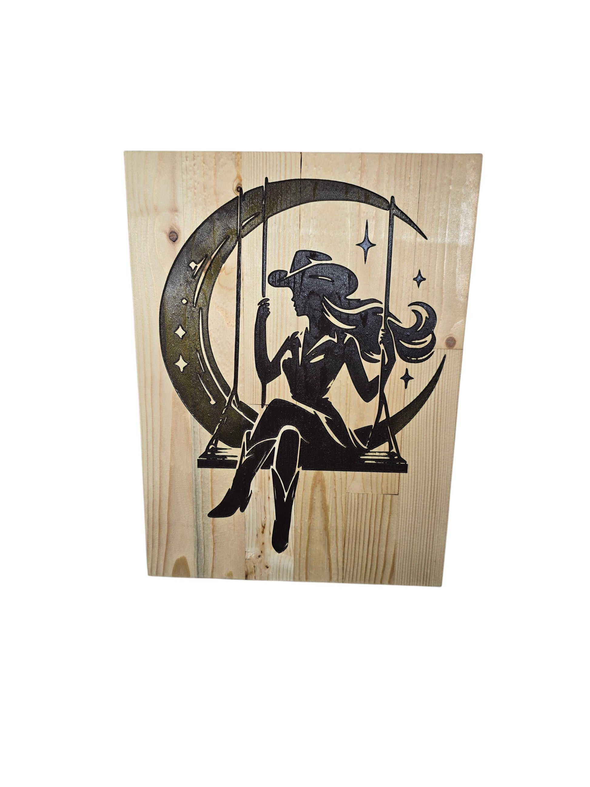 TK Wood Designs rustic wood sign featuring a cowgirl silhouette on a swing against a crescent moon and stars.