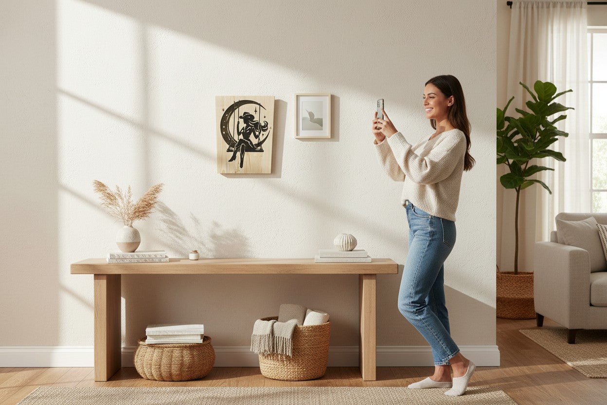 TK Wood Designs rustic wood sign with a silhouette of a cowgirl on a swing against a crescent moon and stars.