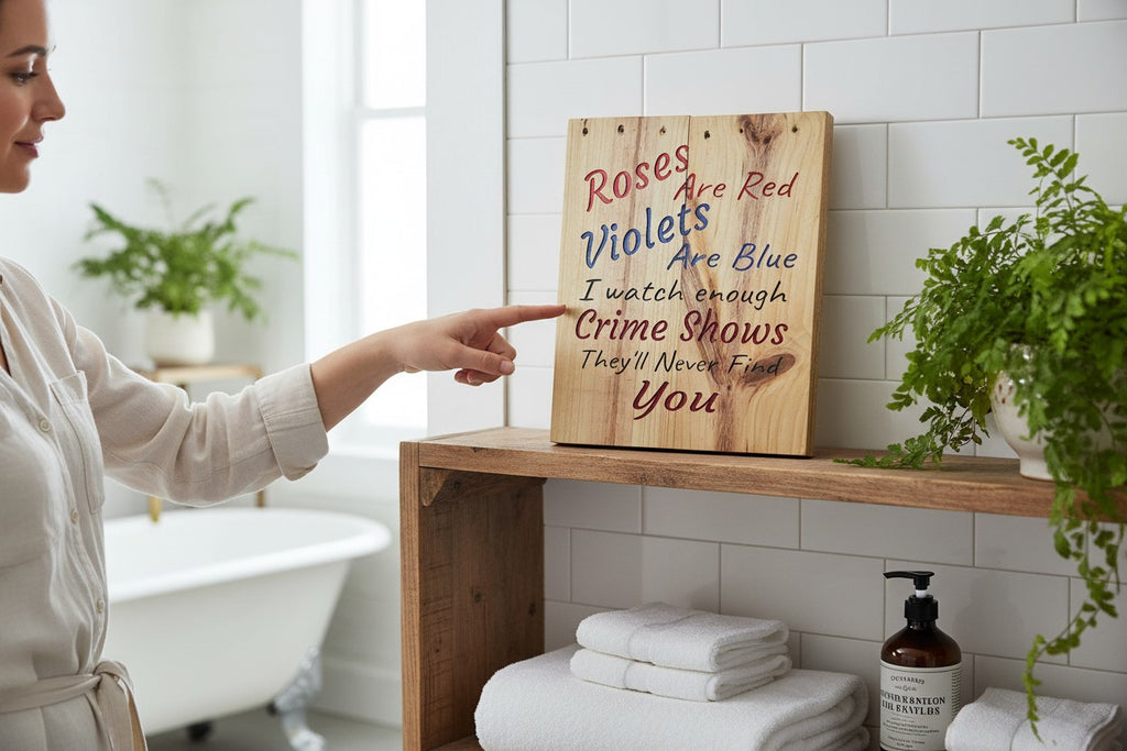 TK Wood Designs wooden sign with "Roses are Red, Violets are Blue, I watch enough Crime Shows, They'll Never Find You" text.