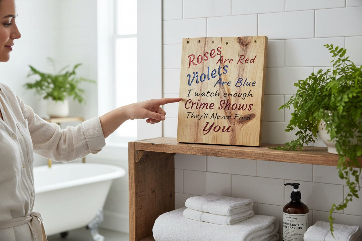 TK Wood Designs wooden sign with "Roses are Red, Violets are Blue, I watch enough Crime Shows, They'll Never Find You" text.
