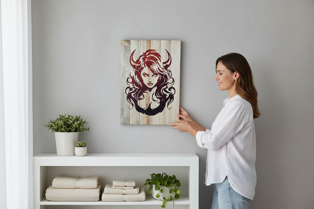 TK Wood Designs devil woman carved wood sign with red and black gradient.