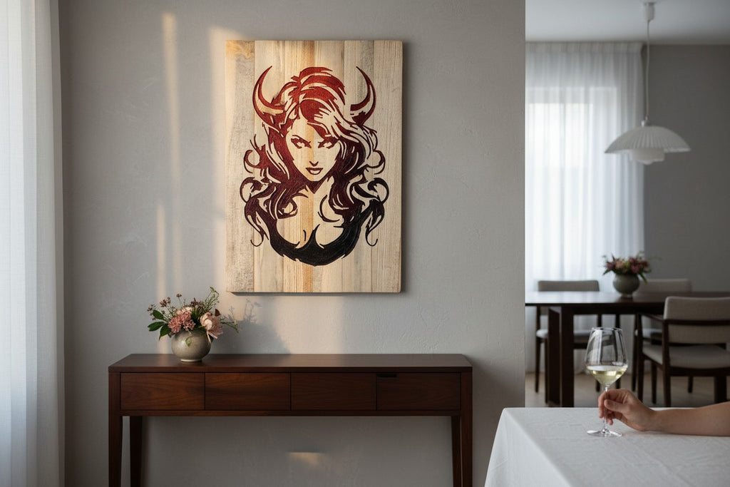 TK Wood Designs devil woman carved wood sign with red and black gradient.