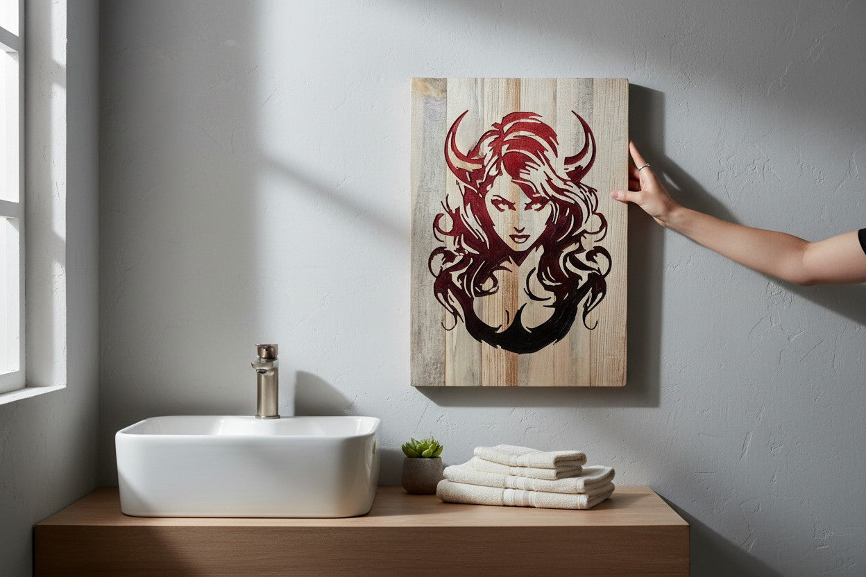 TK Wood Designs rustic wood sign featuring a devil woman with red and black gradient hair and horns.