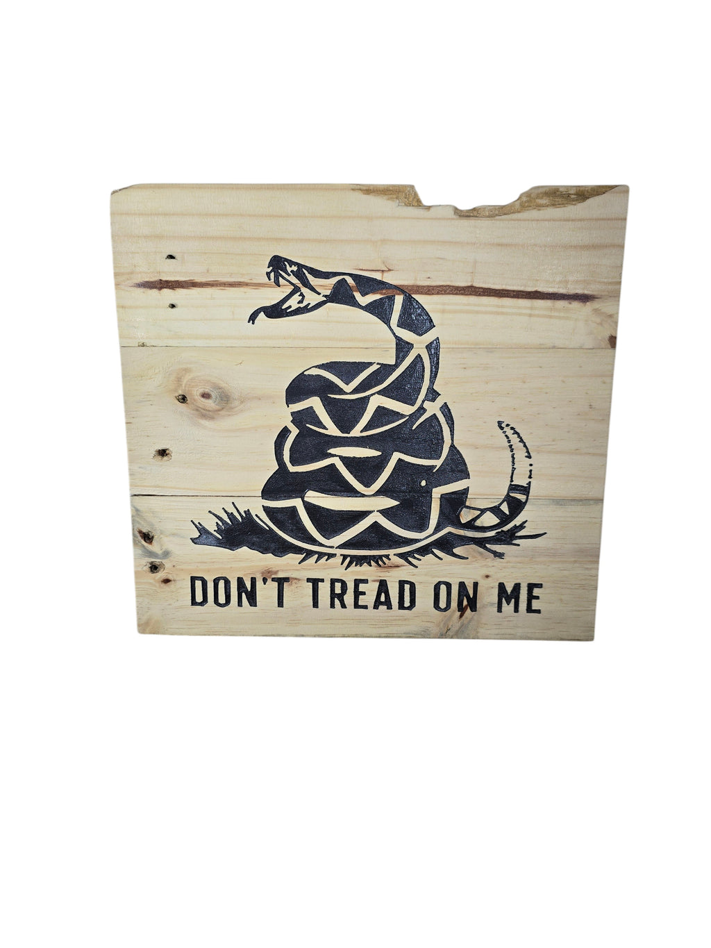 TK Wood Designs natural wood wall art featuring a coiled rattlesnake graphic and "Don't Tread On Me" text. Rustic design.