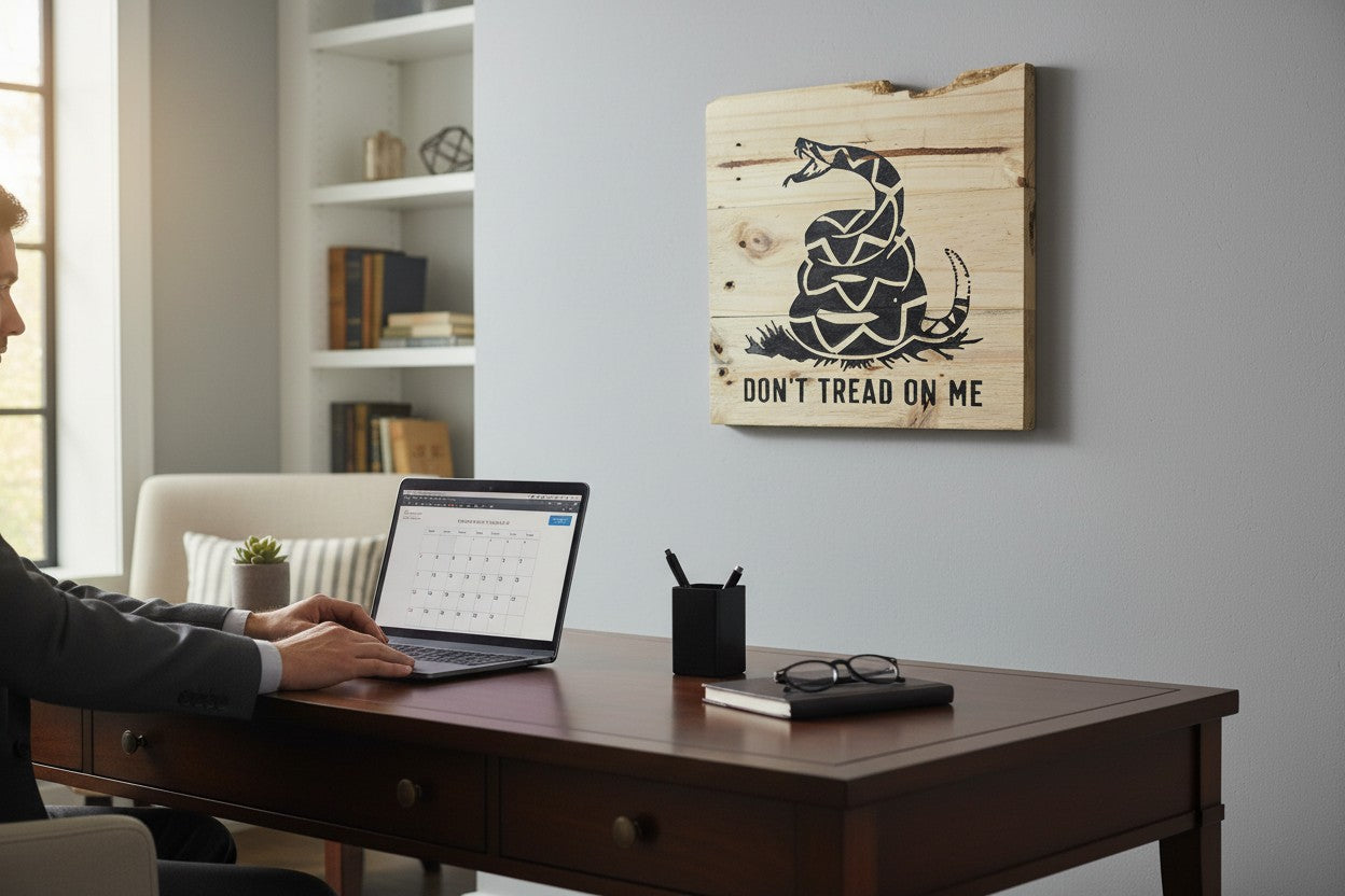 TK Wood Designs handcrafted wooden sign with a coiled rattlesnake and "Don't Tread on Me" text. Natural wood.