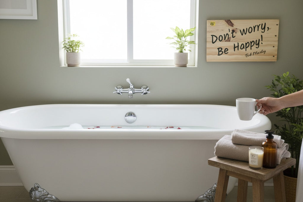 TK Wood Designs natural wood sign with black lettering that reads "Don't Worry, Be Happy!" and "Bob Marley".