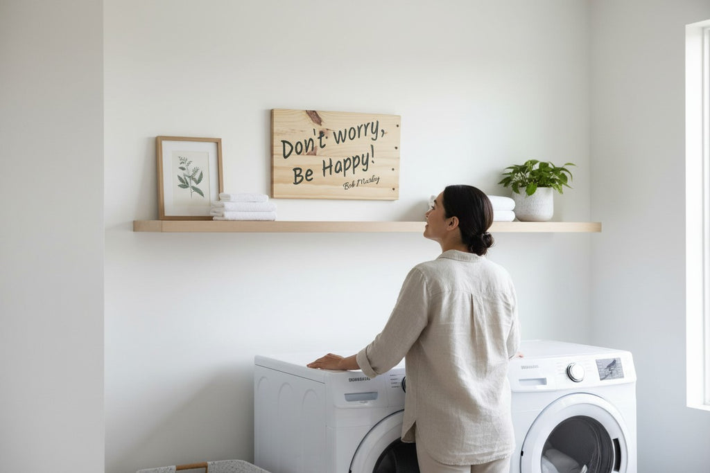 TK Wood Designs natural wood sign with black lettering that reads "Don't Worry, Be Happy!" and "Bob Marley".