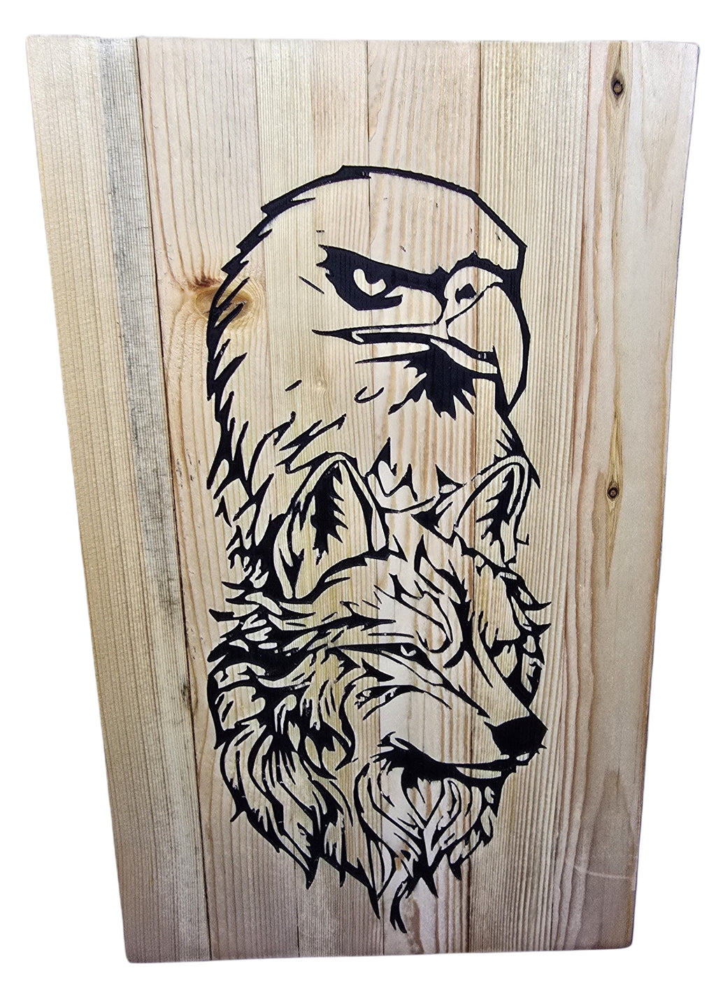 TK Wood Designs handcrafted wooden sign featuring a striking eagle and wolf design carved into natural wood.