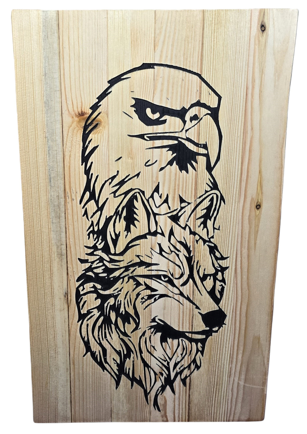 TK Wood Designs handcrafted wooden sign featuring a striking eagle and wolf design carved into natural wood. Ideal for rustic decor.