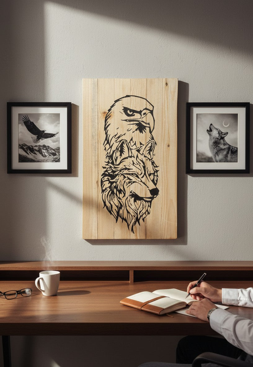 TK Wood Designs handcrafted wooden sign featuring a striking eagle and wolf design carved into natural wood. Ideal for rustic decor.