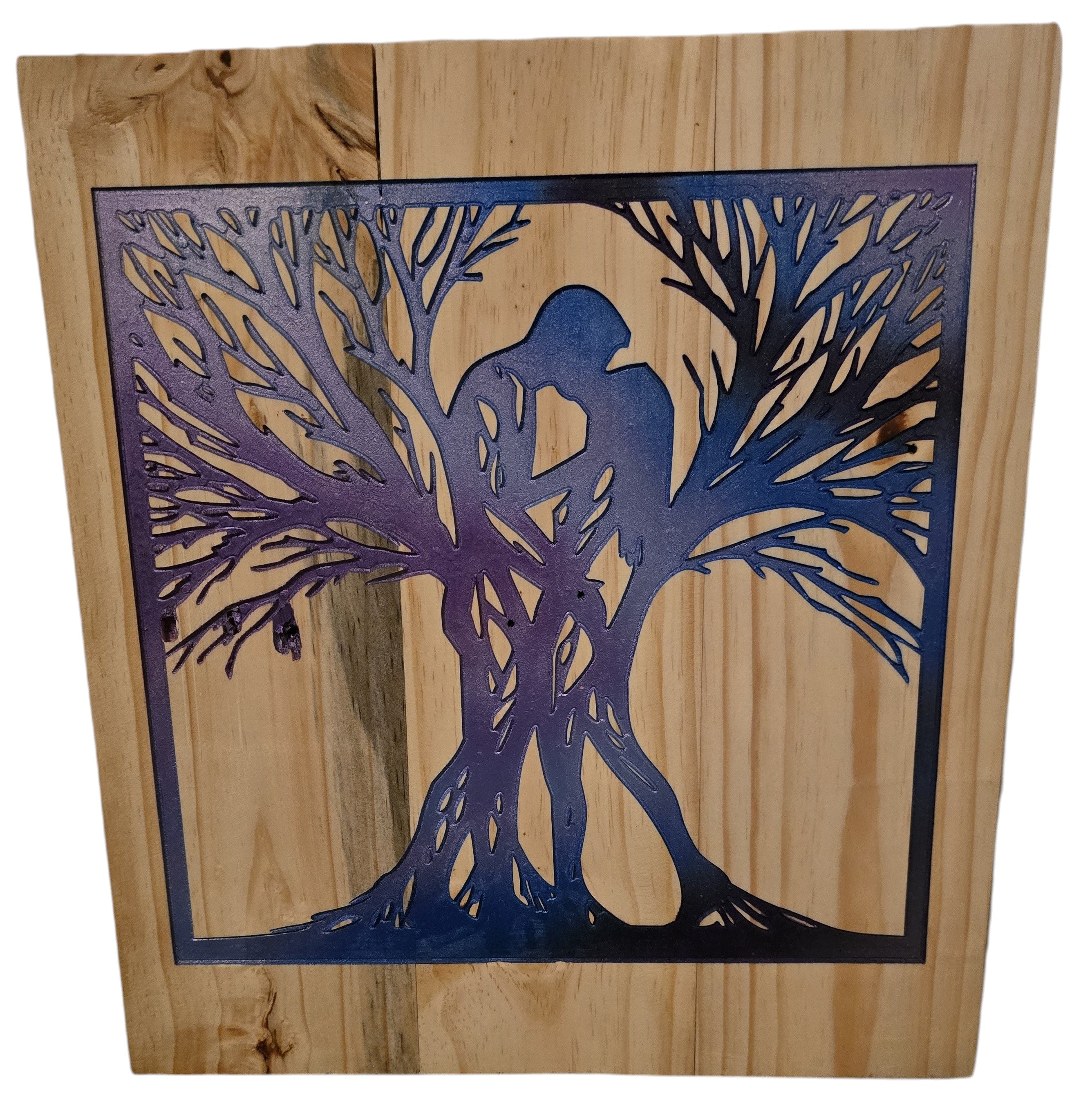 TK Wood Designs natural wood wall art featuring a gradient blue and purple silhouette of two figures embracing within a tree.