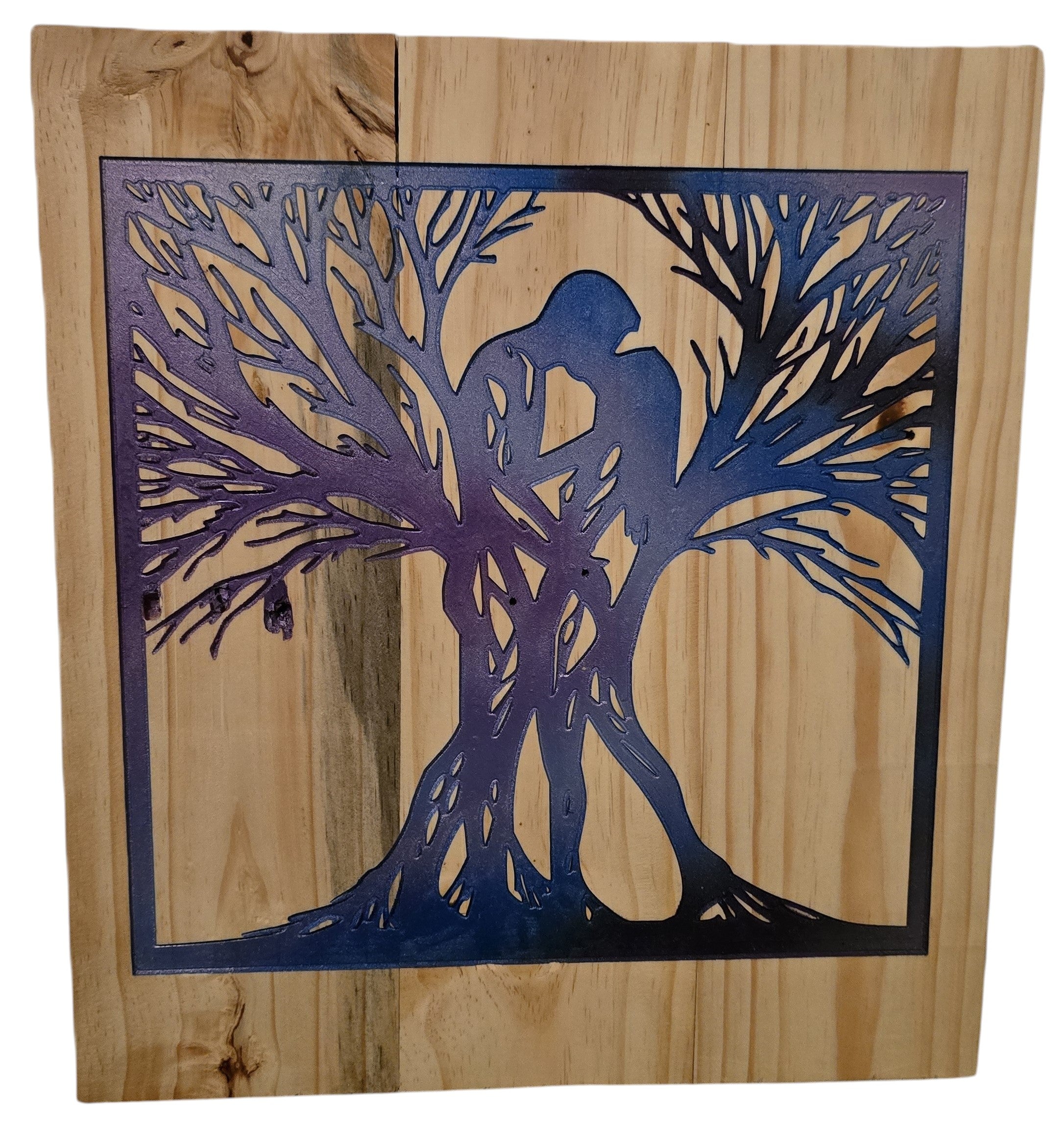 TK Wood Designs natural wood wall art featuring a gradient blue and purple silhouette of two figures embracing within a tree.