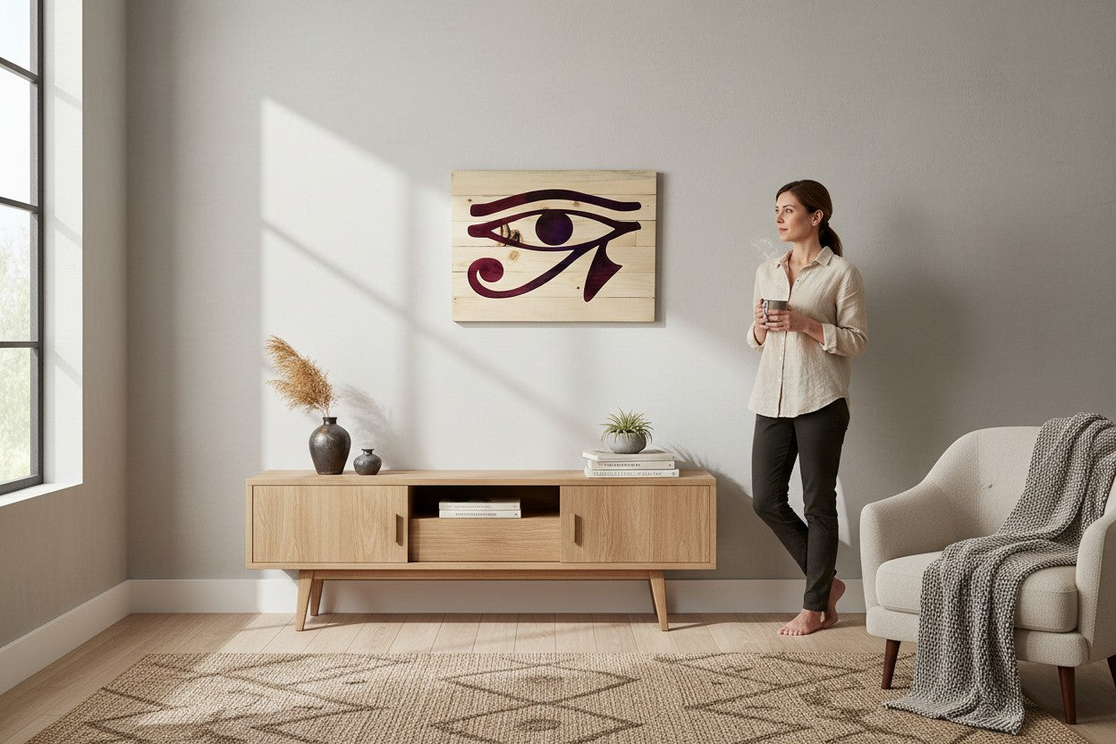 TK Wood Designs carved wooden evil eye sign with deep purple and blue hues on natural wood.