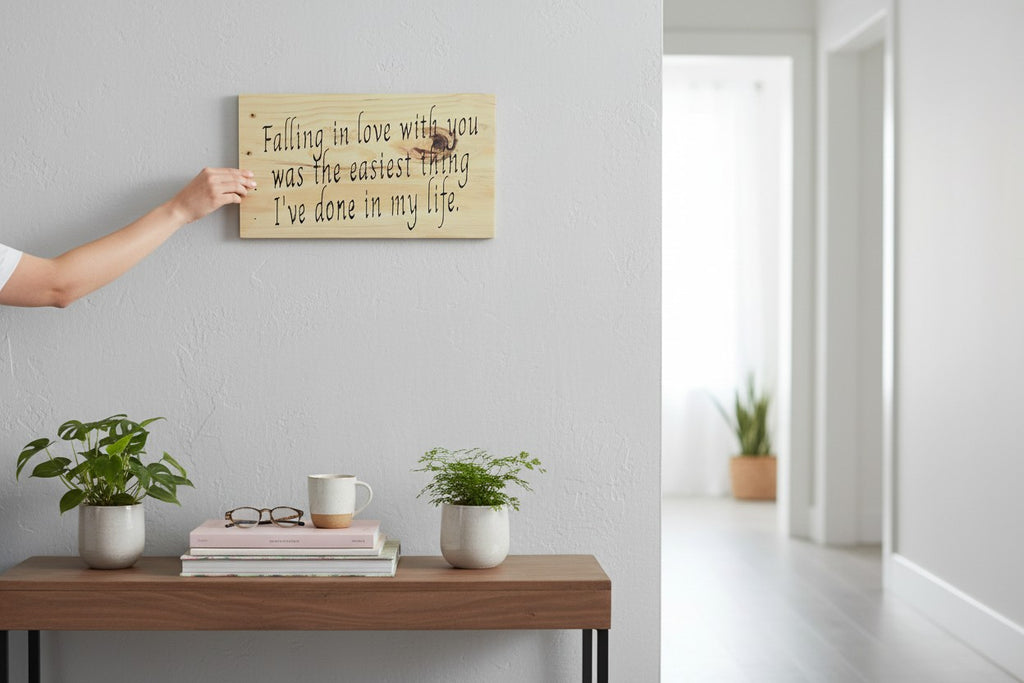 TK Wood Designs natural wood sign with black script text reading "Falling in love with you was the easiest thing I've done in my life."