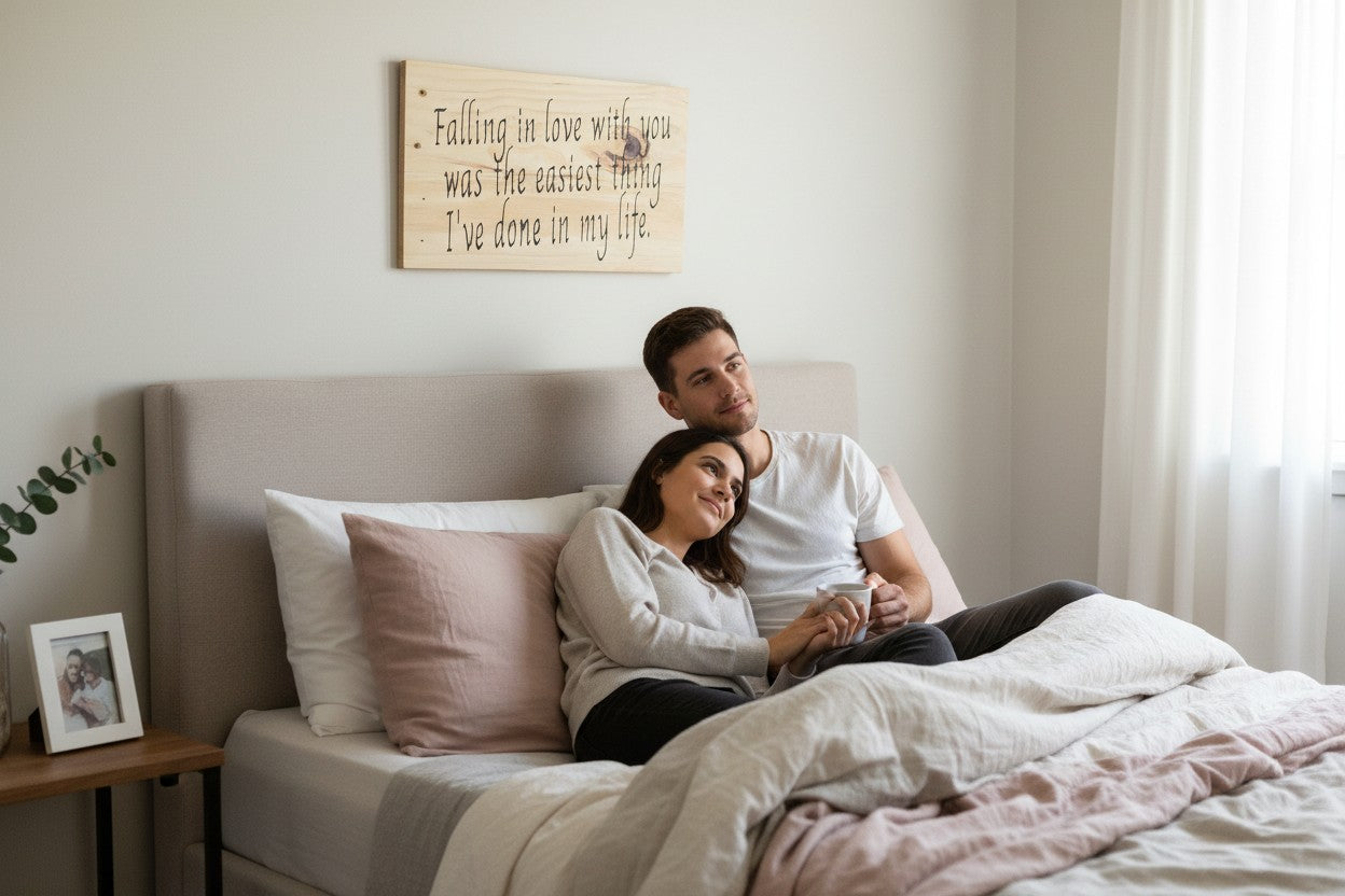 TK Wood Designs rustic natural wood sign with black script text reading "Falling in love with you was the easiest thing I've done in my life."