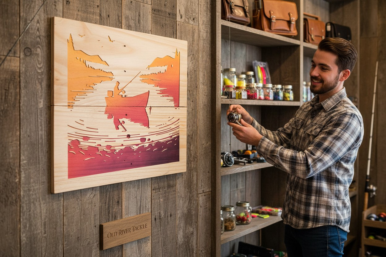 TK Wood Designs wooden sign featuring a fisherman in a boat at sunset with orange and red gradient.