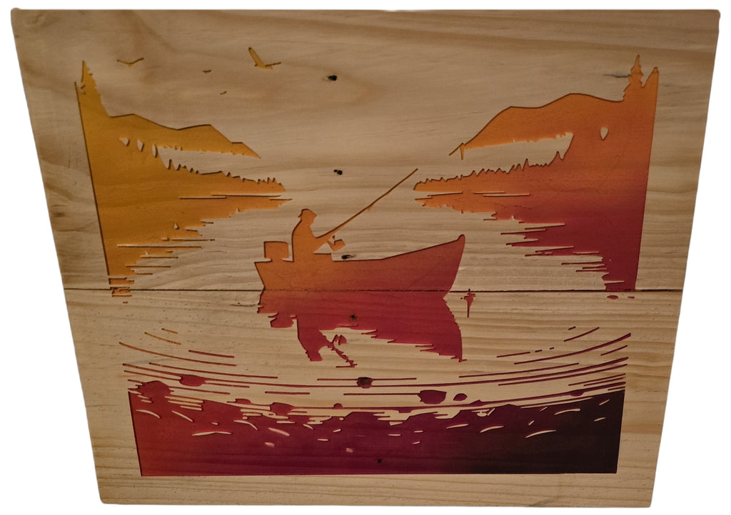 TK Wood Designs wooden wall art with layered fishing scene, sunset gradient, and rustic wood finish.