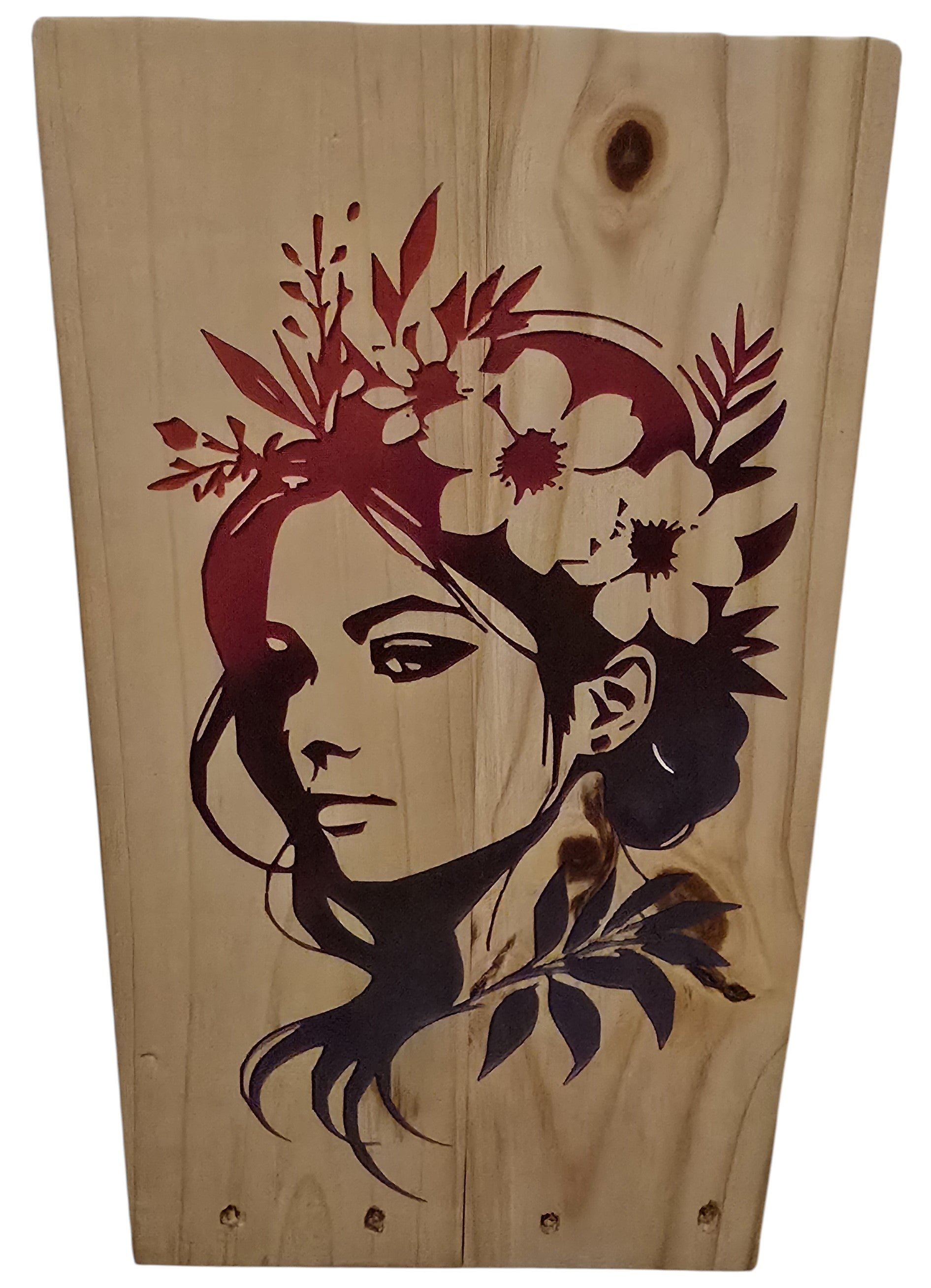 TK Wood Designs wood wall art of a woman with a floral crown in dark red and black. Bohemian style.