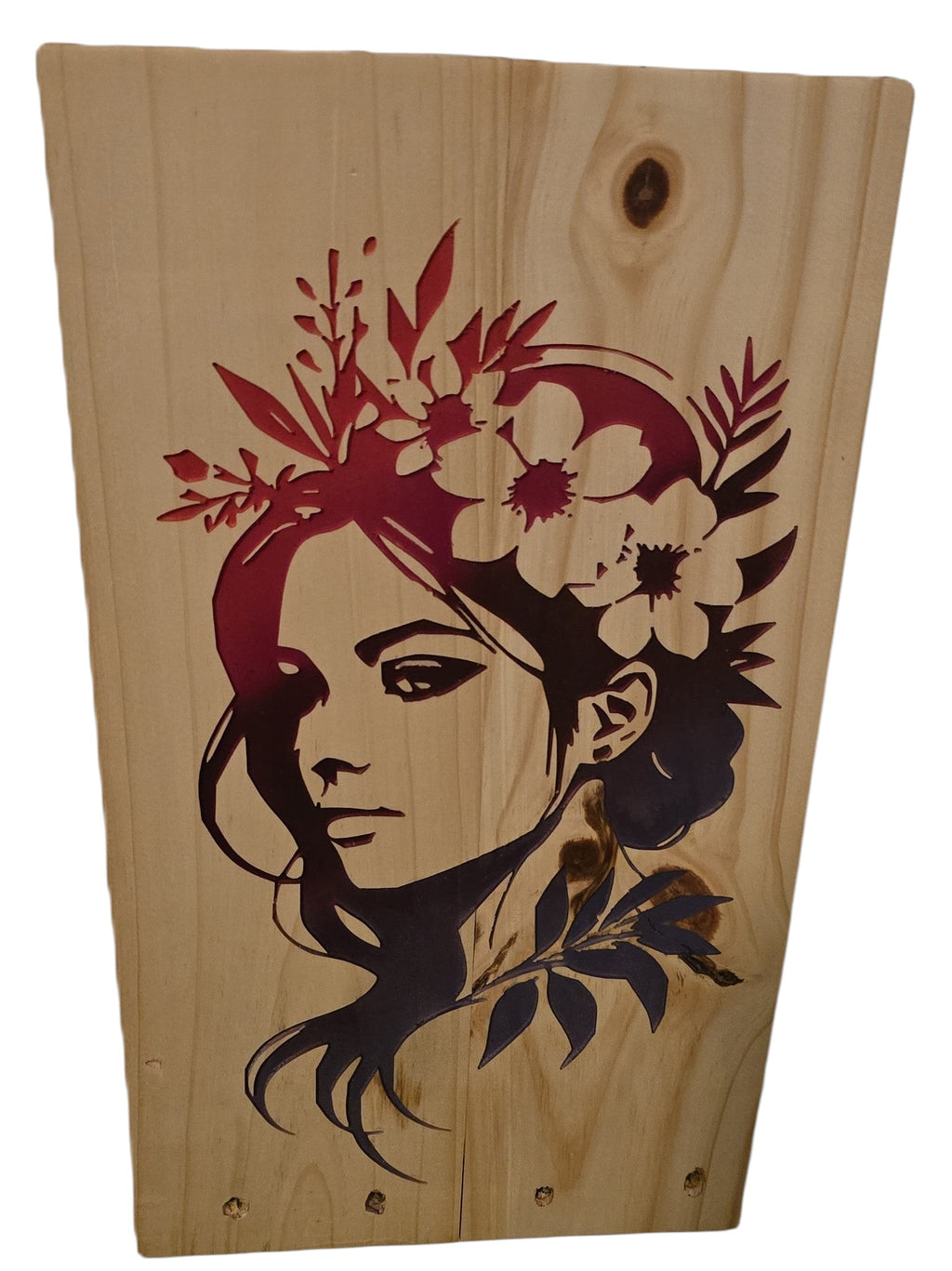 TK Wood Designs wood wall art of a woman with a floral crown, featuring a bohemian style and intricate design.