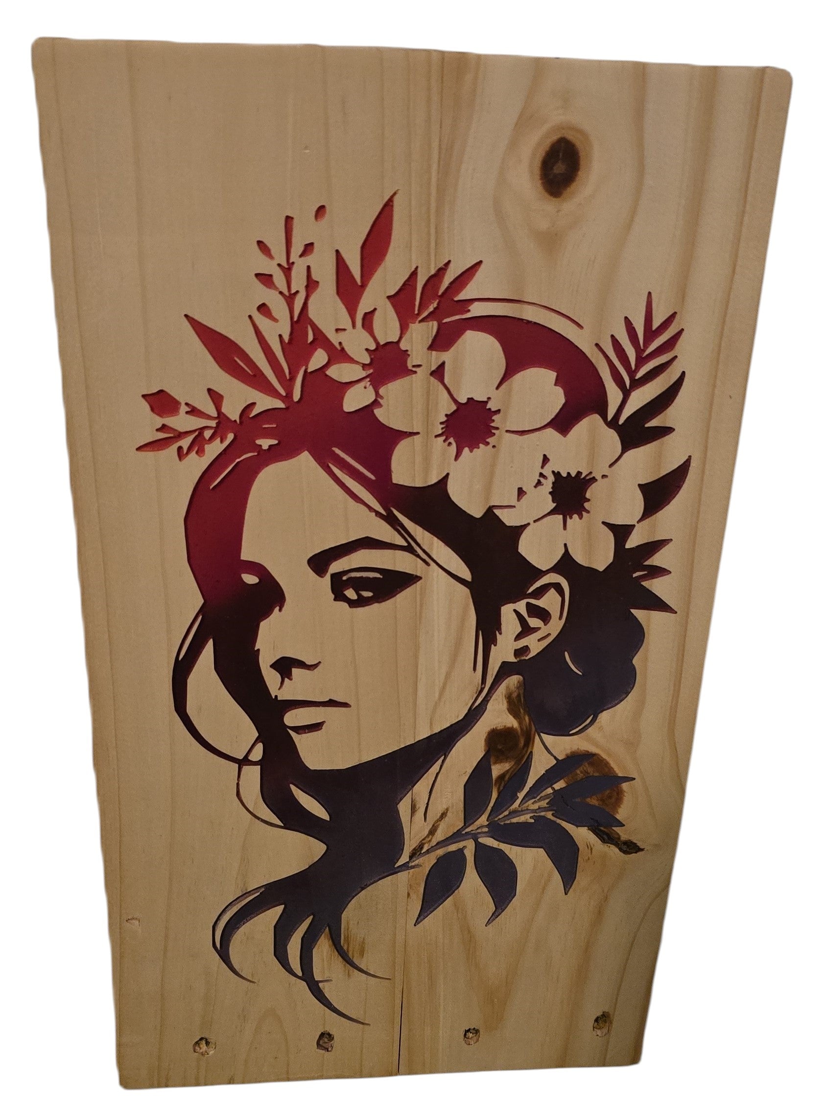 TK Wood Designs wood wall art of a woman with a floral crown, featuring a bohemian style and intricate design.