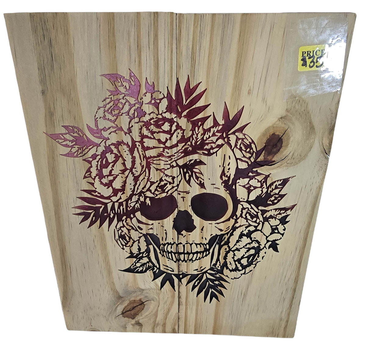 TK Wood Designs natural wood wall art featuring a skull adorned with dark red roses and leaves. Unique gothic floral design.