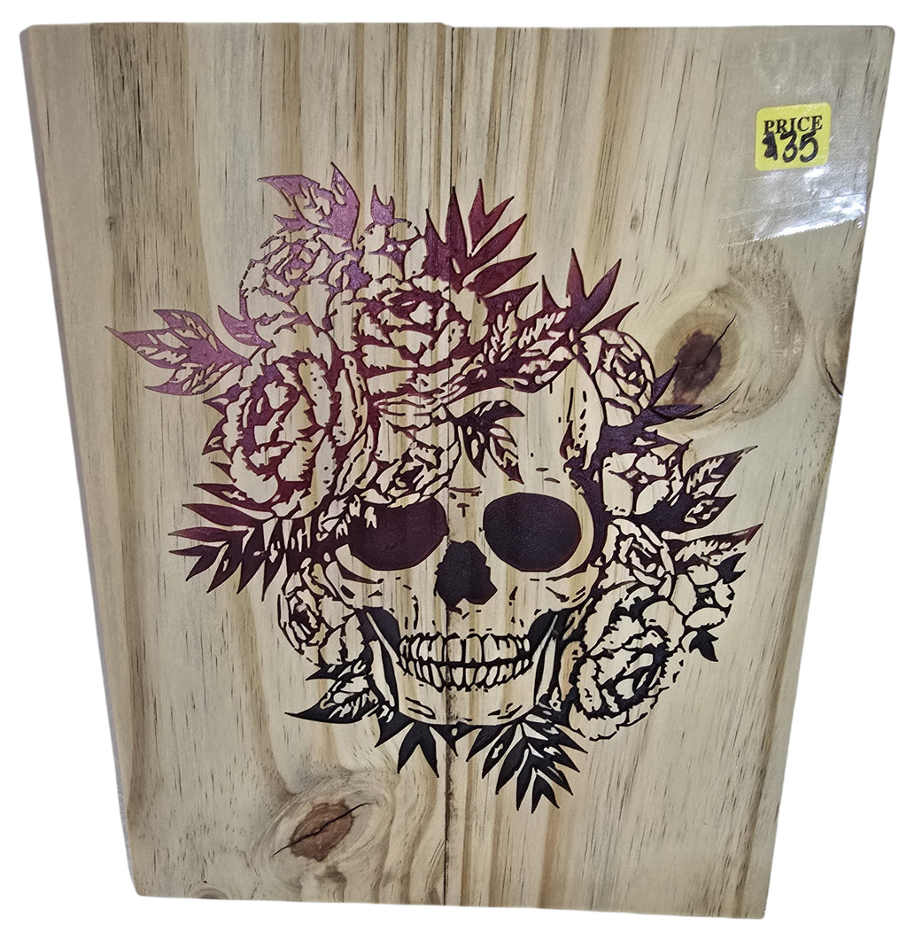 TK Wood Designs floral skull wood wall art with intricate rose details. Natural wood with dark engraved design.