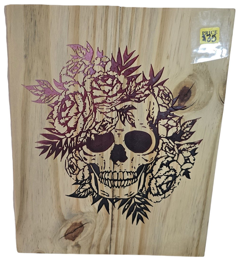 TK Wood Designs floral skull wood wall art with intricate floral details and a rustic finish.