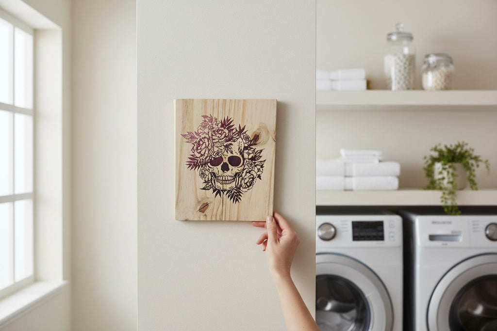 TK Wood Designs salvaged wood sign featuring a skull adorned with dark red roses and leaves. Unique grain patterns on natural wood.