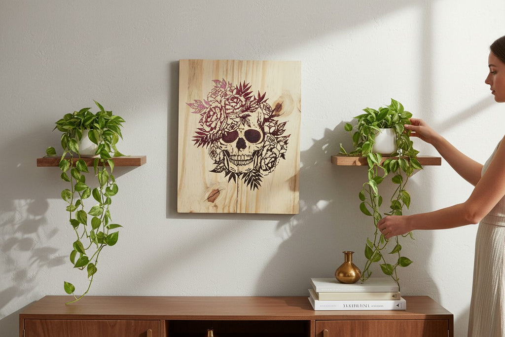 TK Wood Designs salvaged wood sign featuring a skull adorned with dark red roses and leaves. Unique grain patterns.