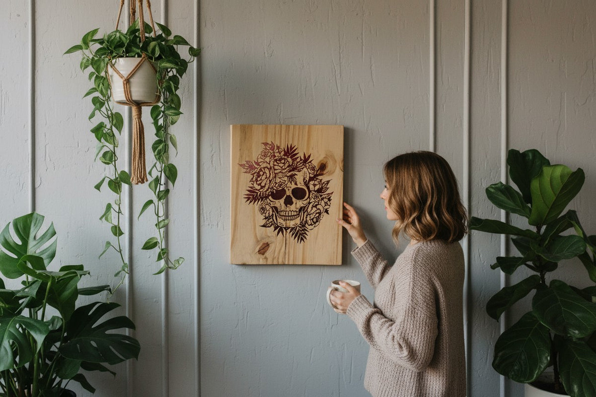 TK Wood Designs salvaged wood sign featuring a skull adorned with dark red roses and leaves. Unique grain patterns.