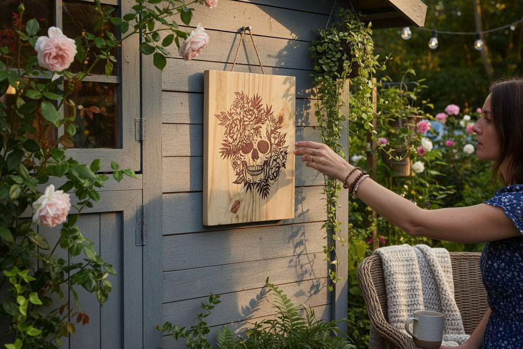 TK Wood Designs salvaged wood sign featuring a skull adorned with dark red roses and leaves. Unique grain patterns.